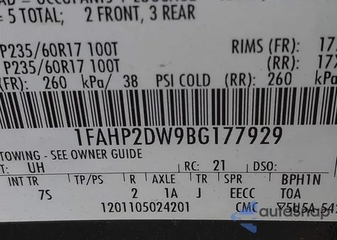 2011 Ford Taurus Se из США, поврежденный, VIN 1FAHP2DW9BG177929